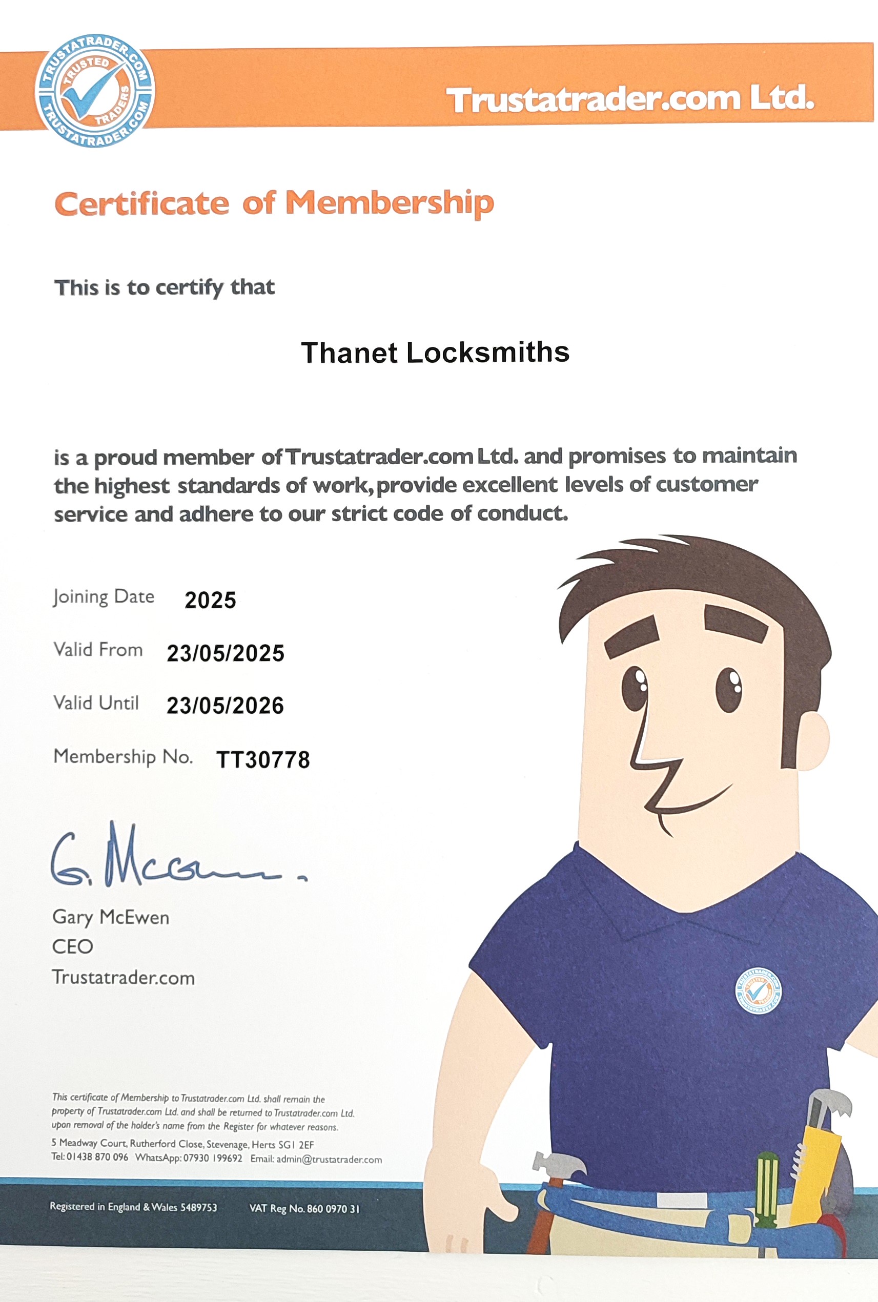 Trustatrader certificate fir Thanet Locksmiths